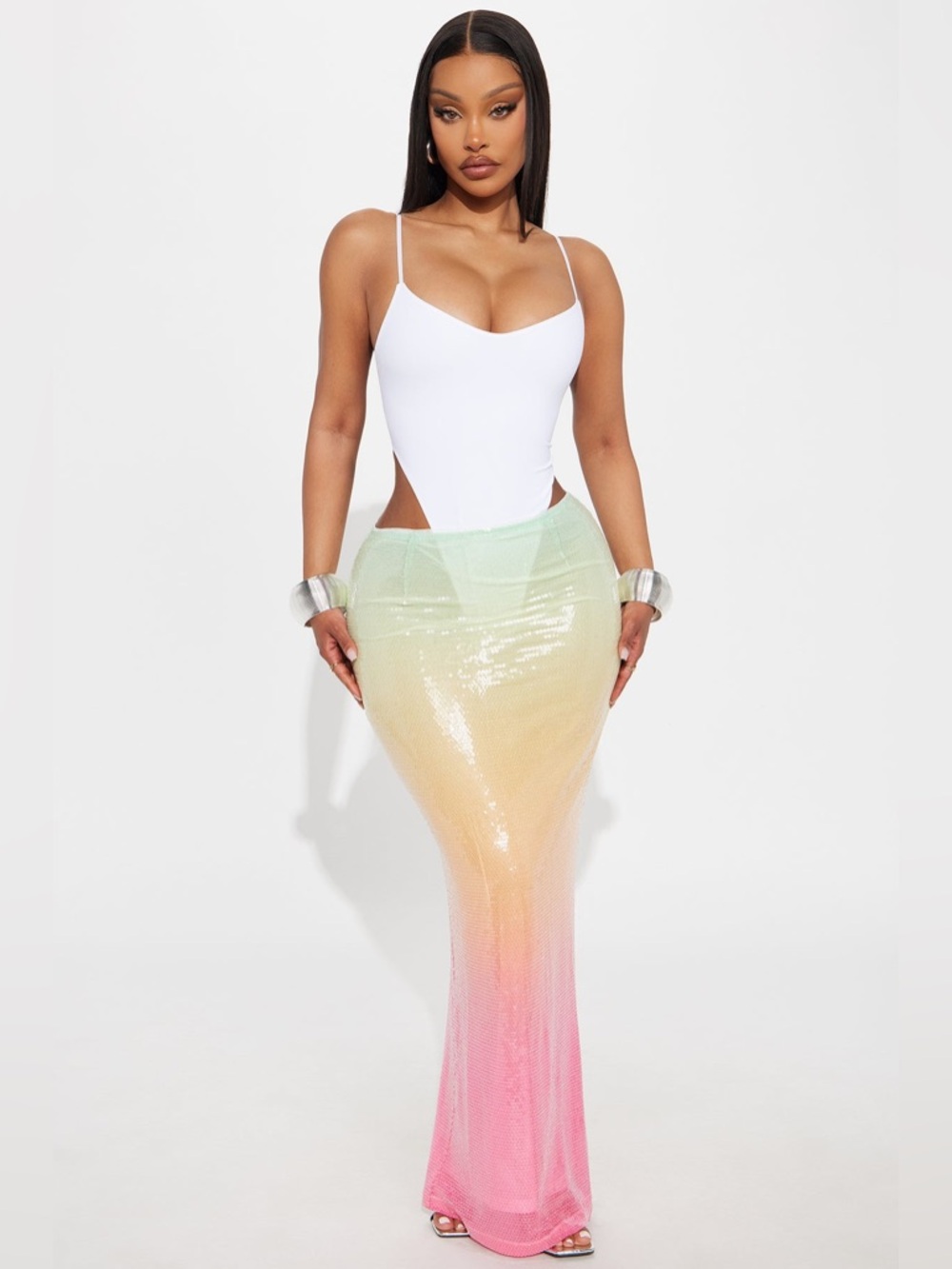Fashion Nova Gradient Sequin Maxi Skirt - Mint, Yellow, Pink